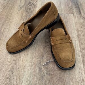 Zara Women’s Sz 40 Flat Leather Suede Loafers Brown Camel Cognac Honey